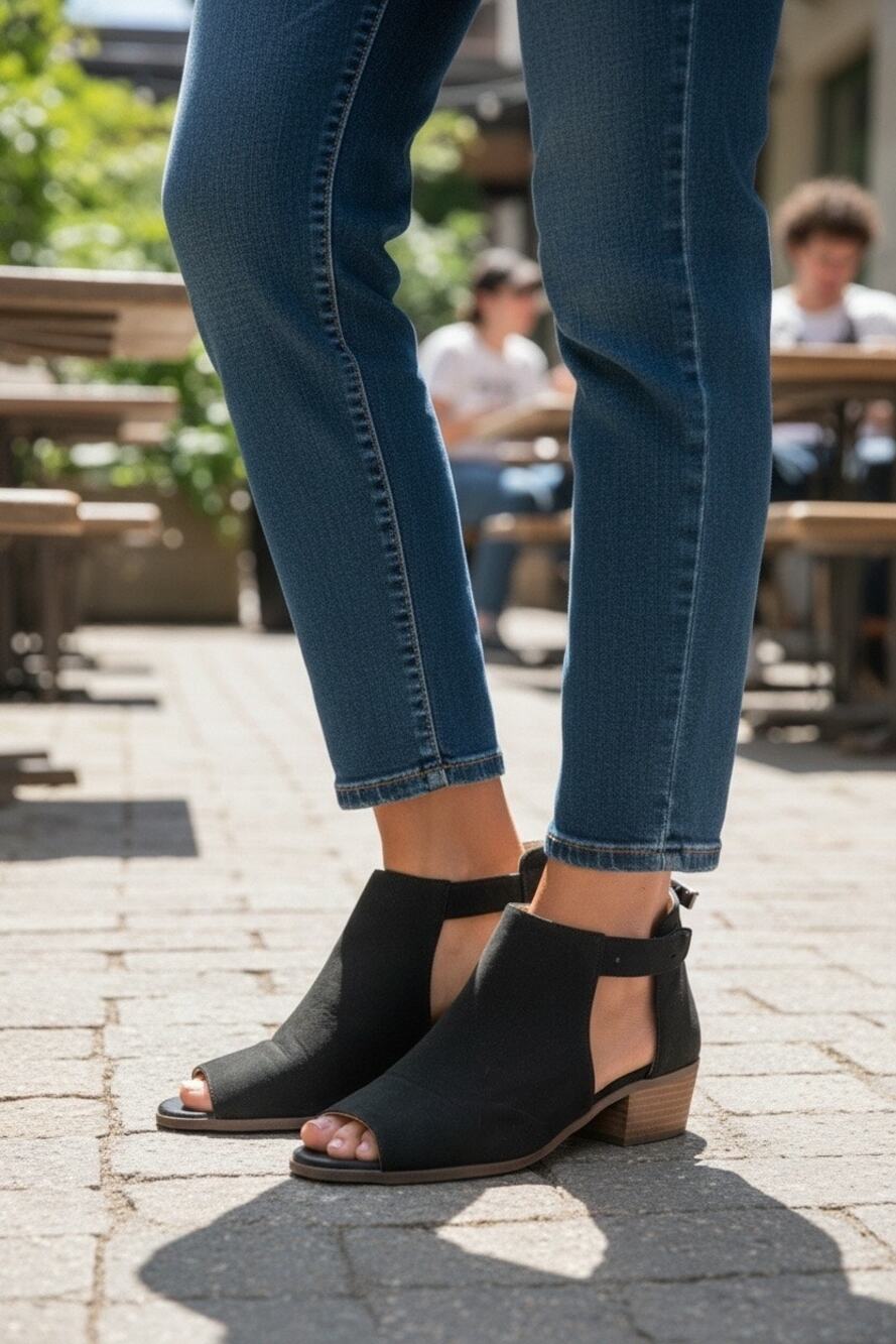 Lucky Brand Lisza Peep-Toe Ankle Booties 8.5 M Black Buckle Open Toe Western